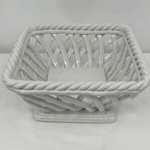 SERVING BASKET HAND WOVEN White Ceramic on pedestal